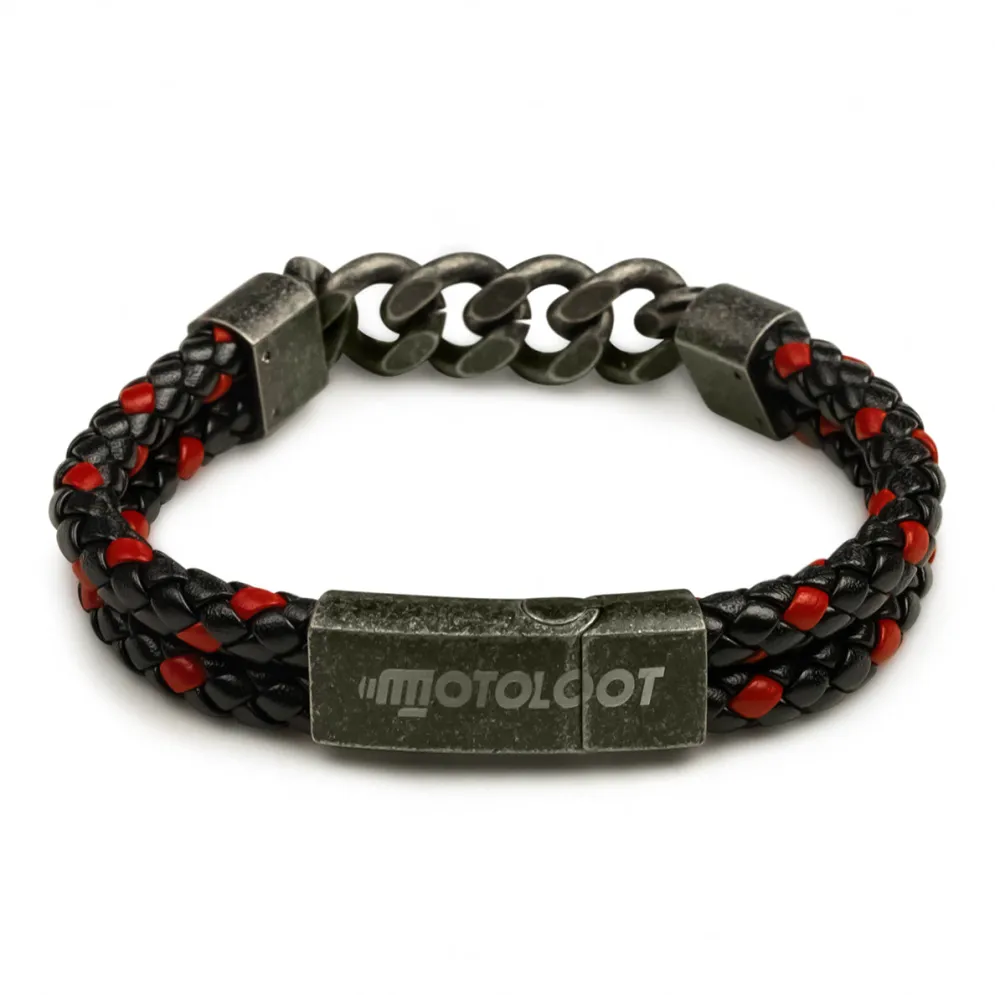 Leather And Steel - Double Cord Black And Red Bracelet^Moto Loot Online